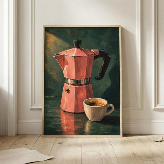 Coffee Lover Moka Pot Wall Art Print Espresso Still Life Poster Vintage Kitchen Artwork Italian Decor Morning