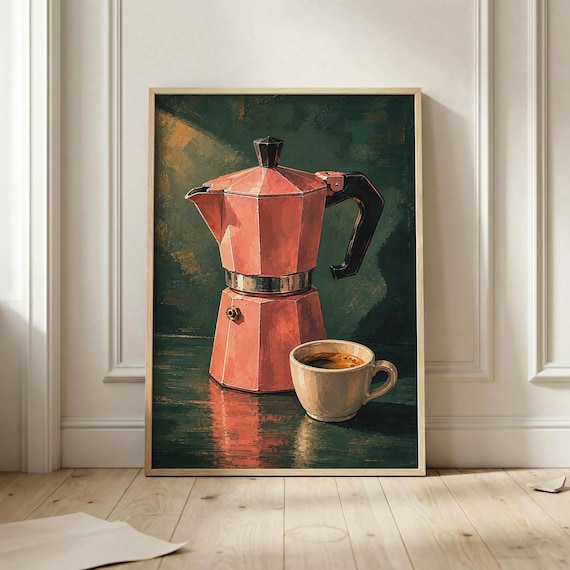 Red Moka Pot Espresso Painting Moody Kitchen Coffee Art Poster