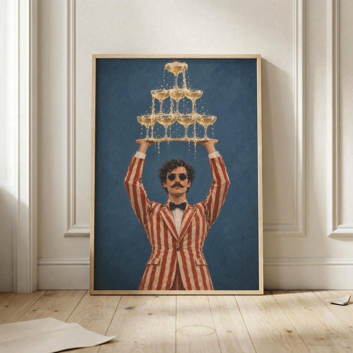 Bubbly Champagne Tower Waiter Poster Retro Party Wall Art Quirky Cocktail Bar Decor Celebration Print Maximalist Dining Room Artwork