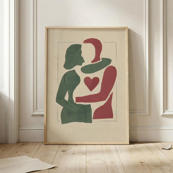Abstract Couple Heart Poster Red Green Minimalist Wall Art Print Romantic Modern Paper Cut Style Decor