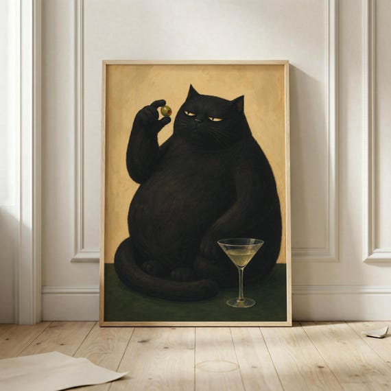 Black Cat Martini Poster Funny Cocktail Wall Art Print Moody Bar Decor Olive