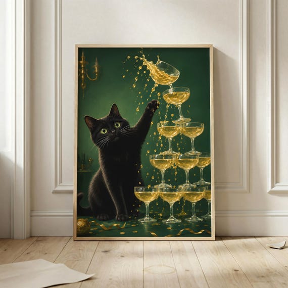 Black Cat Wall Art Print Champagne Tower Poster Funny Artwork Cocktail Party Decor Vintage Style Animal Illustration