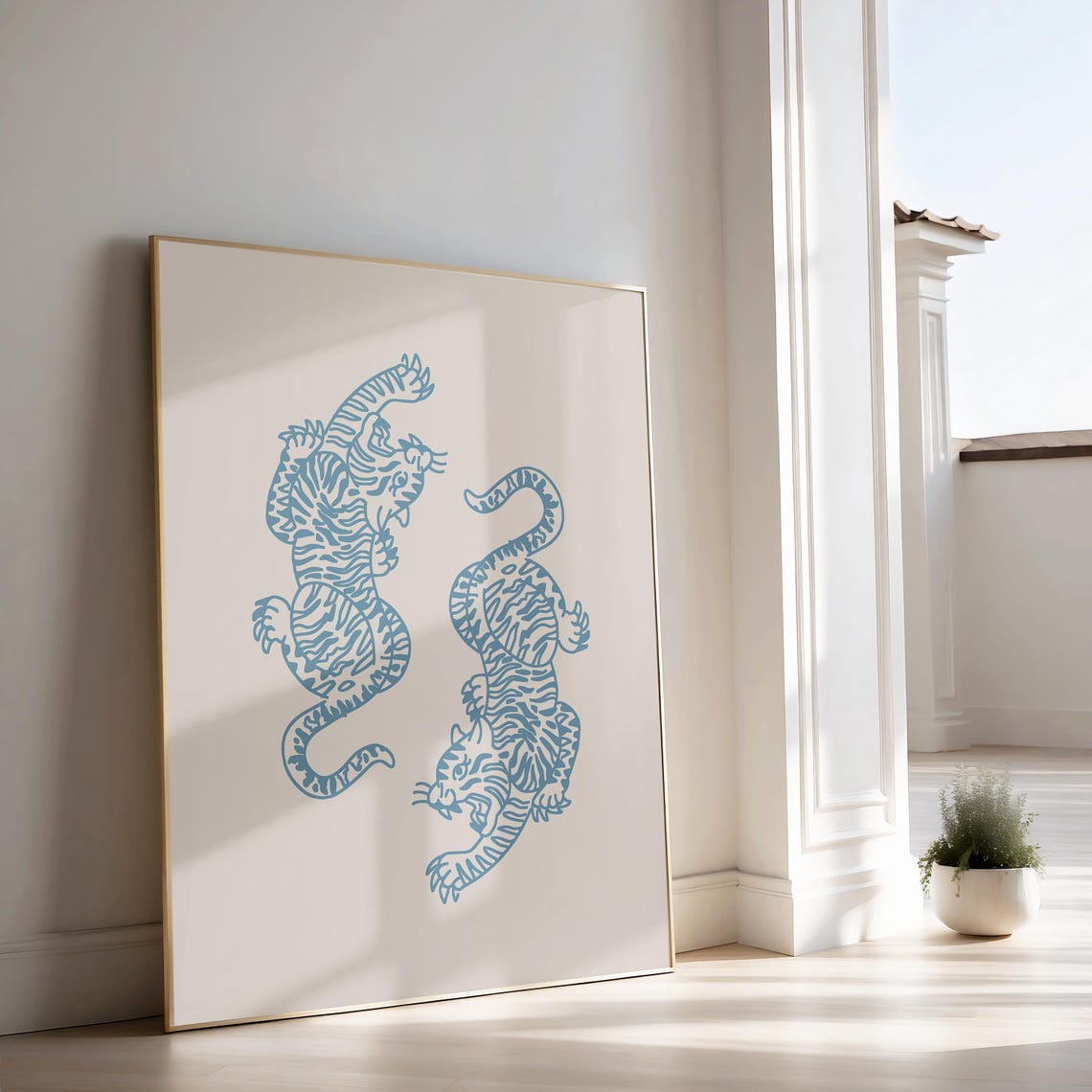 Blue Line Art Twin Tigers Yin Yang Minimalist Aesthetic Poster - Image 2