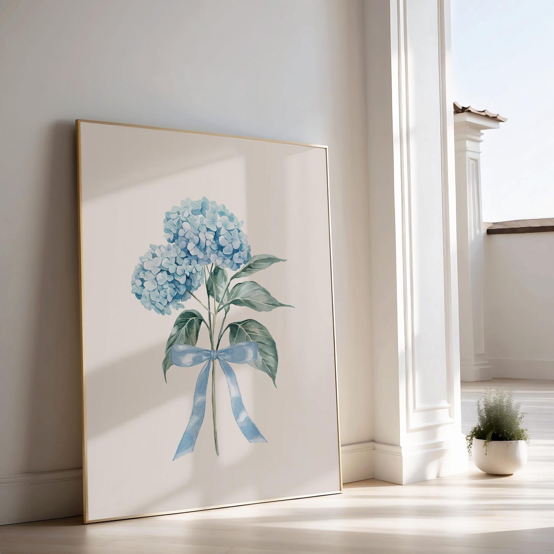 Blue Hydrangea Bouquet Bow Watercolor Botanical Flower Wall Art - Image 2