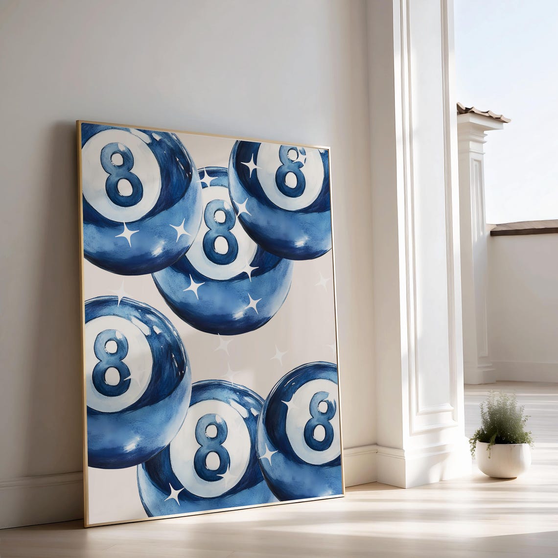 Blue Eight Ball Cluster Watercolor Pool Poster with Sparkles Retro - Image 2