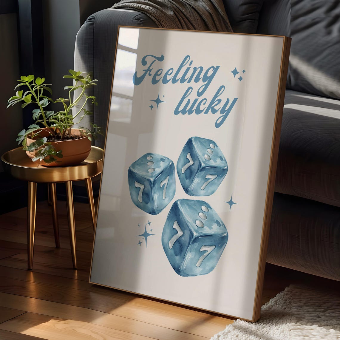 Feeling Lucky Blue Watercolor Dice Sevens Retro Casino Poster - Image 2