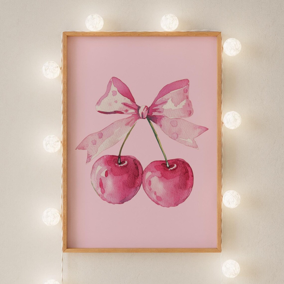 Pink Cherry Watercolor With Bow Coquette Girly Aesthetic Poster
