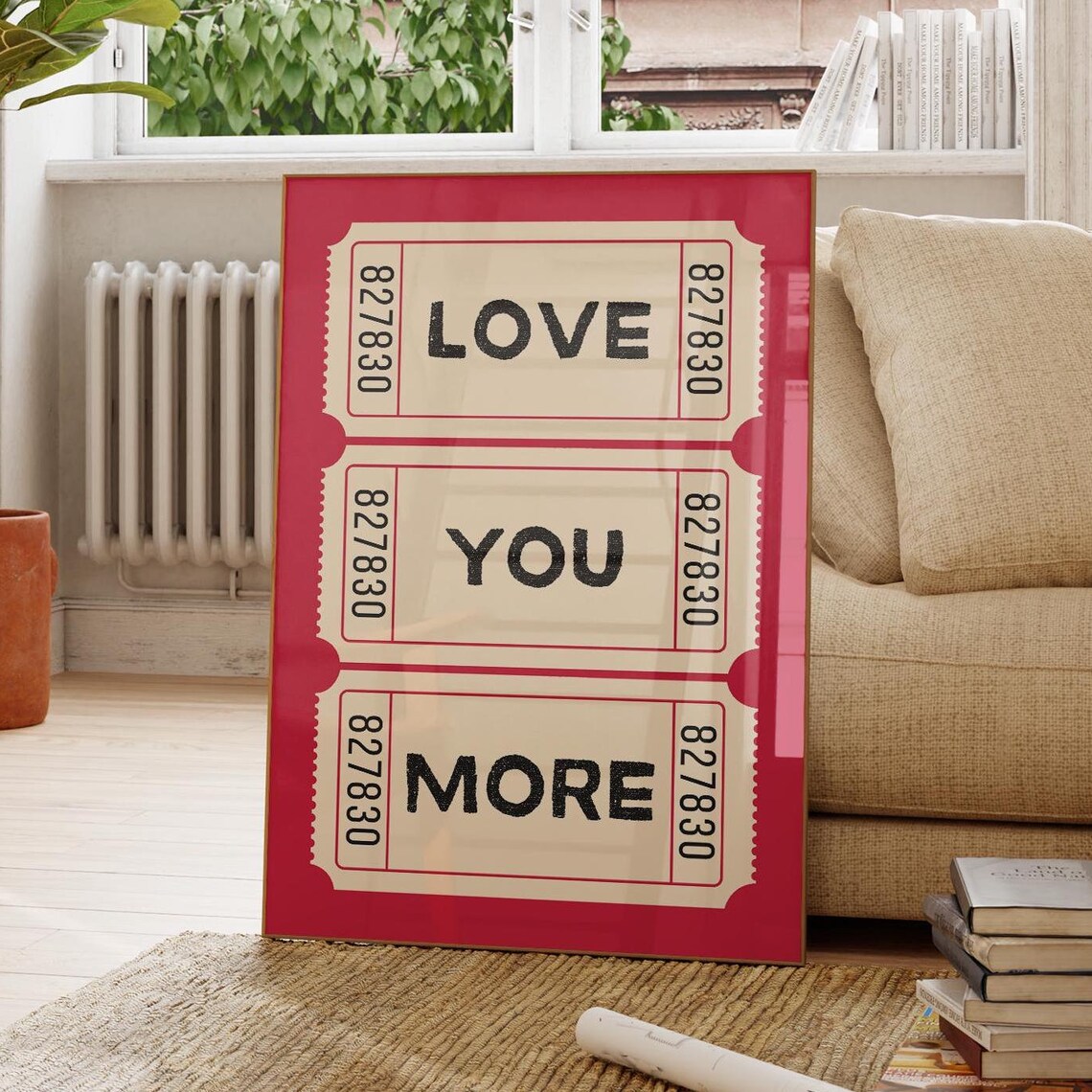 Love You More Red Vintage Ticket Stub Romantic Quote Trendy Wall Art