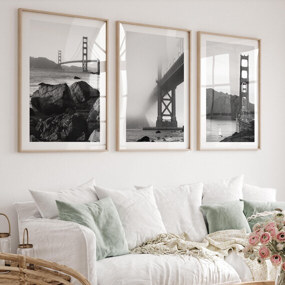 Golden Gate Bridge Black And White Triptych Photo Set Poster