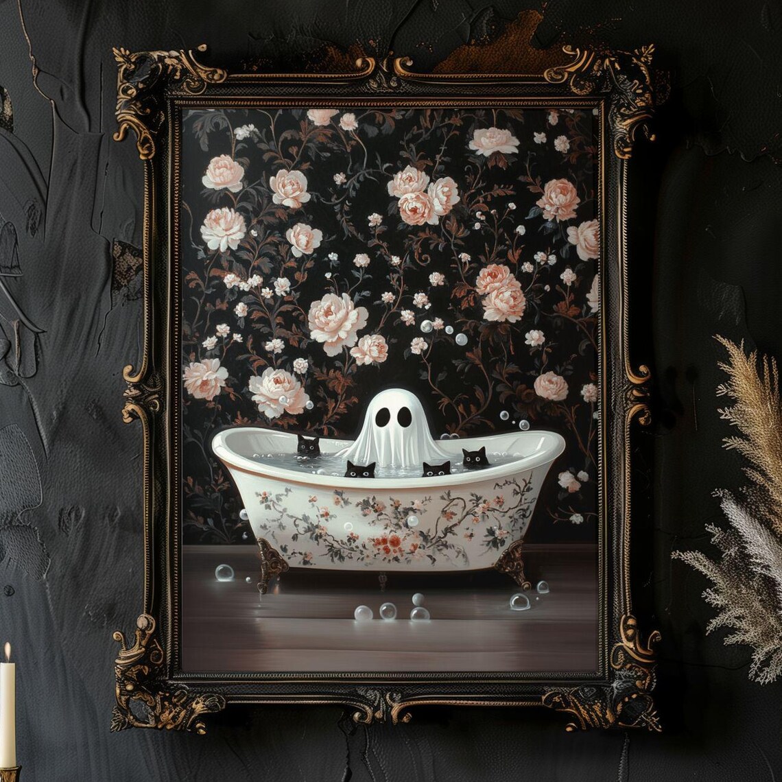 Black Cats in Bathtub Halloween Cat Art Print