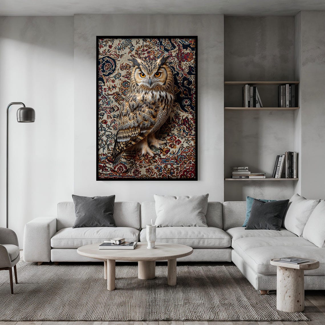 Great Horned Owl Perched Alertly on an Ornate Patterned Rug Poster - Image 2
