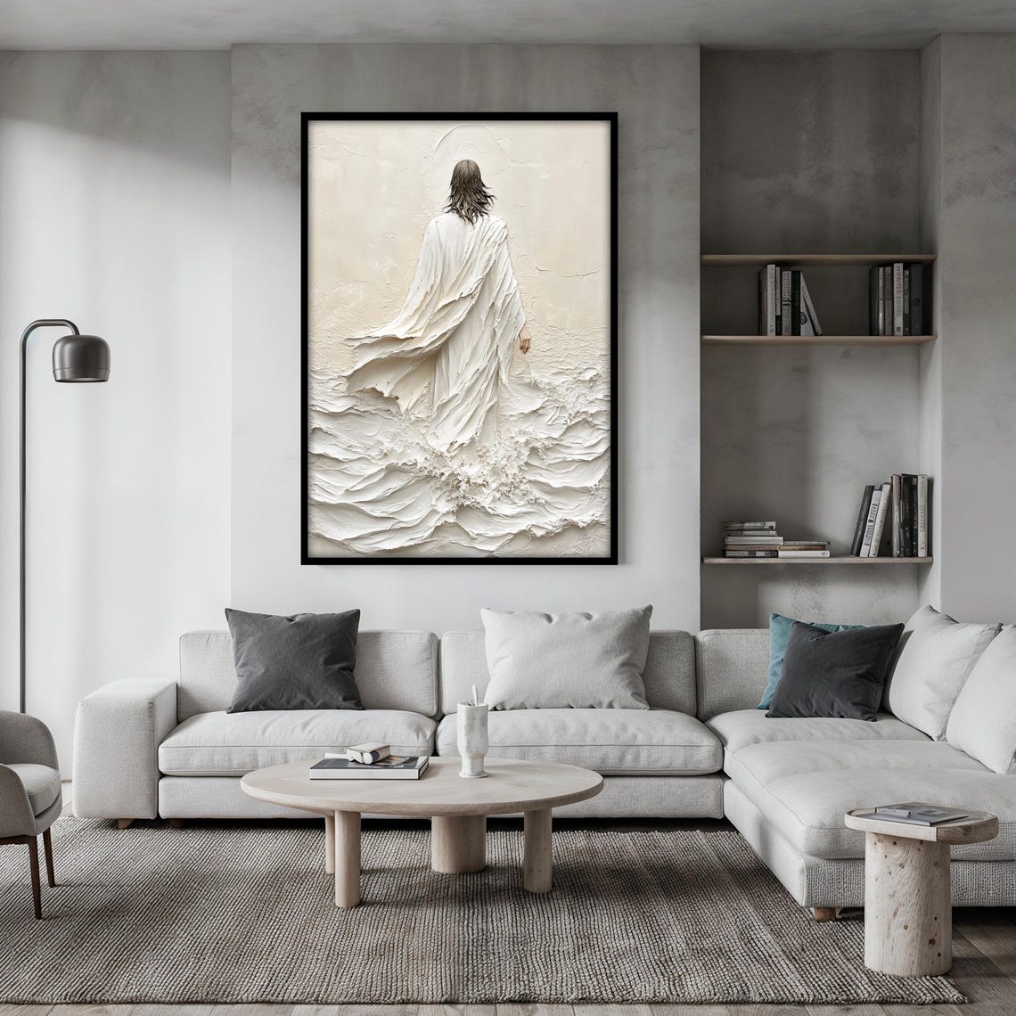 Jesus Walking on Water Amid Cream White Textured Impasto Waves Poster - Image 2