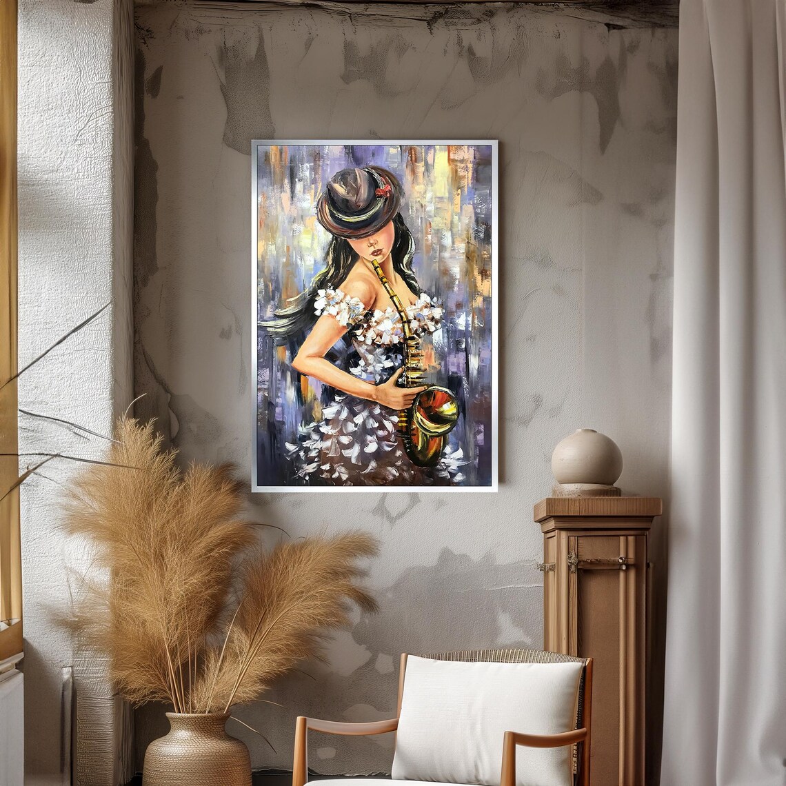 Elegant Female Saxophonist in Hat Music Painting Poster For Music Lovers - Image 3