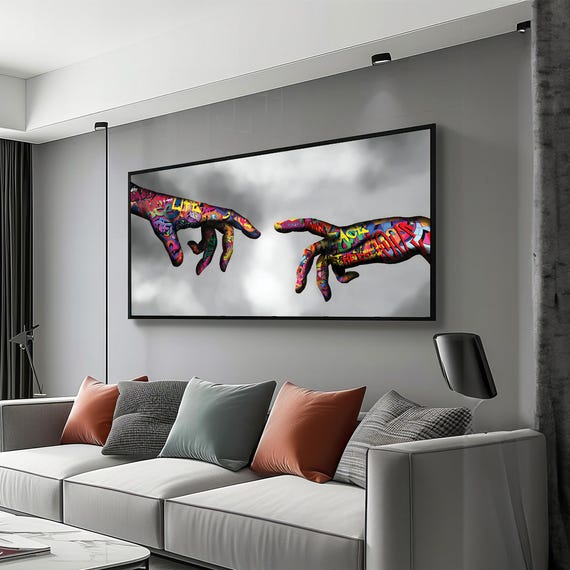 Graffiti Hands Of Creation A Bold Reimagining Of Michelangelos Masterpiece With Vivid Street Art Urban Wall Dcor