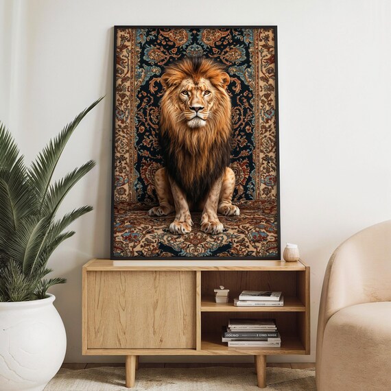 Regal Lion Painting With Ornate Rug Design Majestic Wall Art Gift For Wildlife Enthusiasts And Luxury Home Dcor