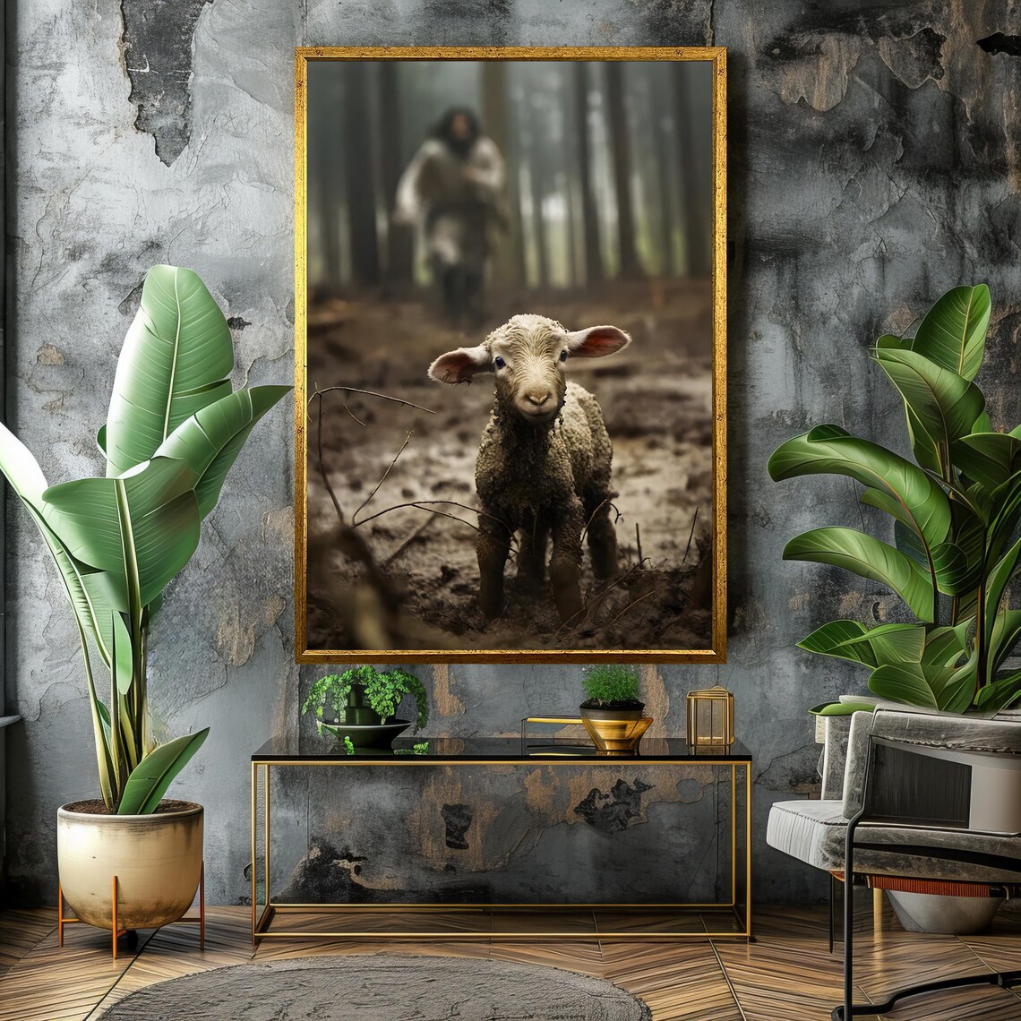 The Lost Lamb Standing In A Misty Forest With The Shepherd Behind Poster - Image 4