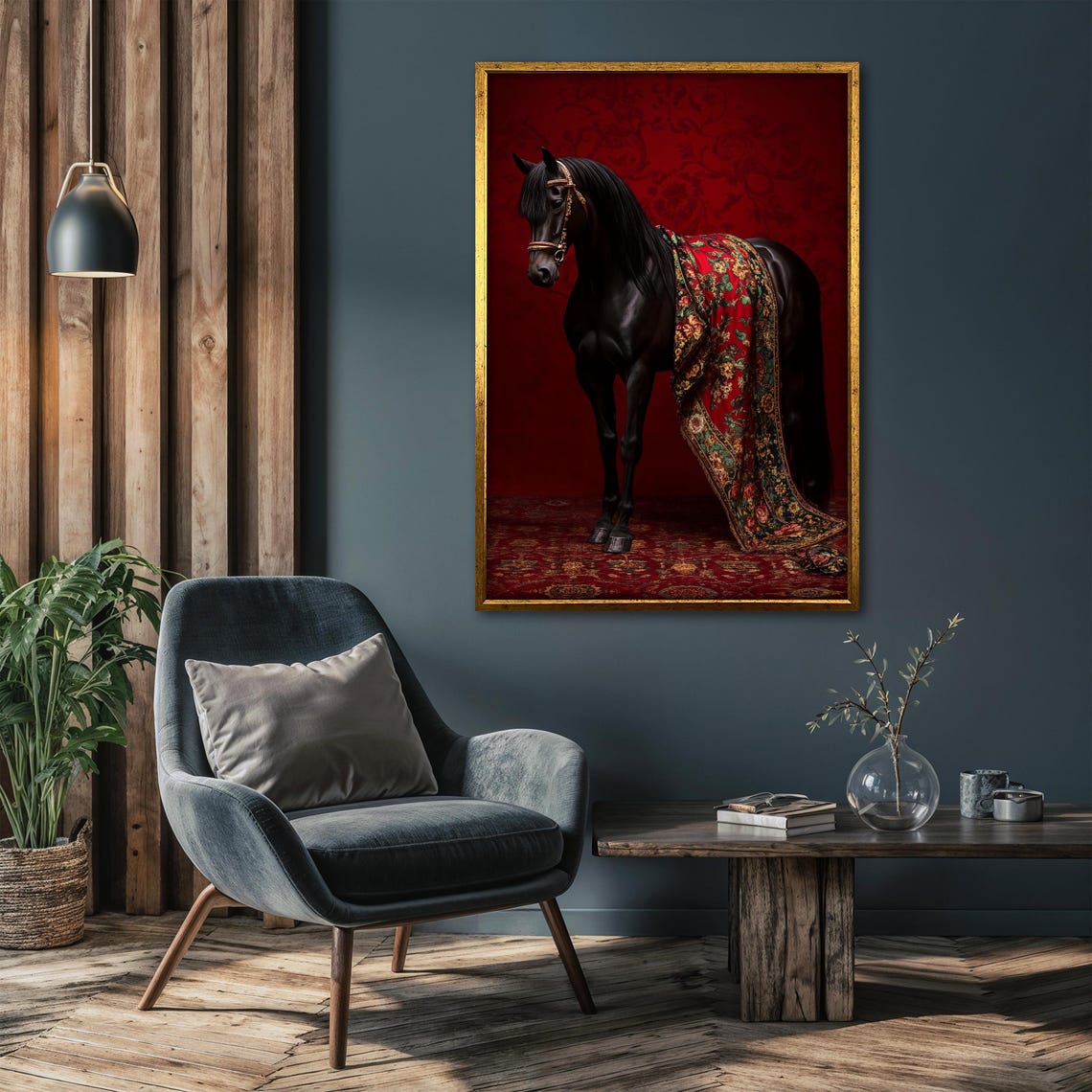 Black Horse with Trailing Patterned Fabric on Deep Red Poster - Image 4