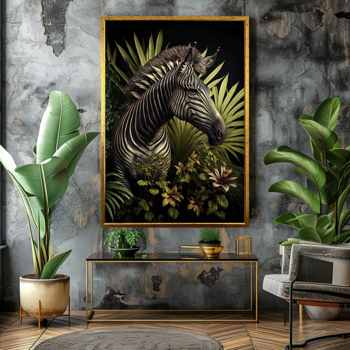 Elegant Zebra In Lush Jungle Dark Botanical Animal Portrait Art Poster - Image 4