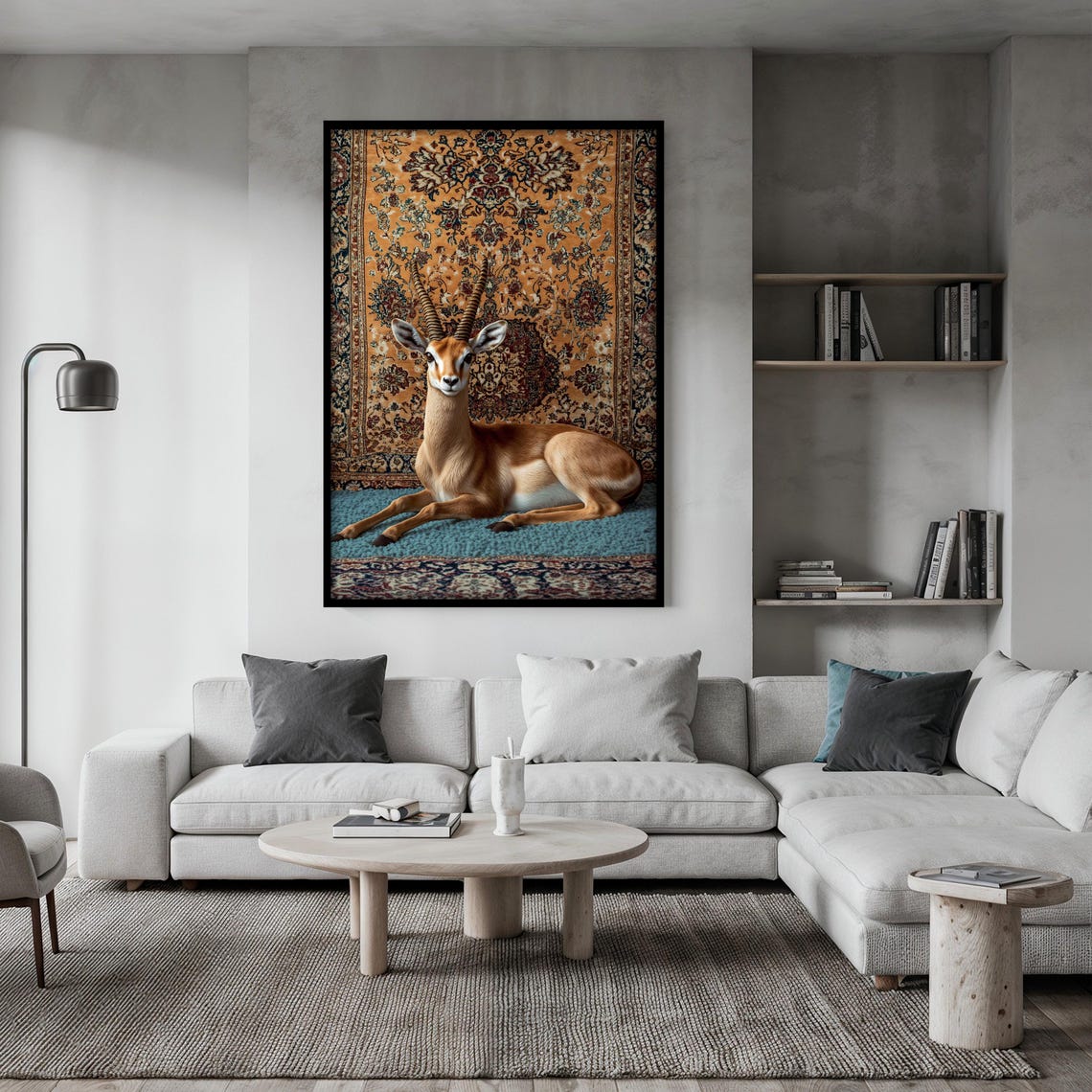 Gazelle Resting on a Teal Rug Beneath an Orange Backdrop Poster - Image 2