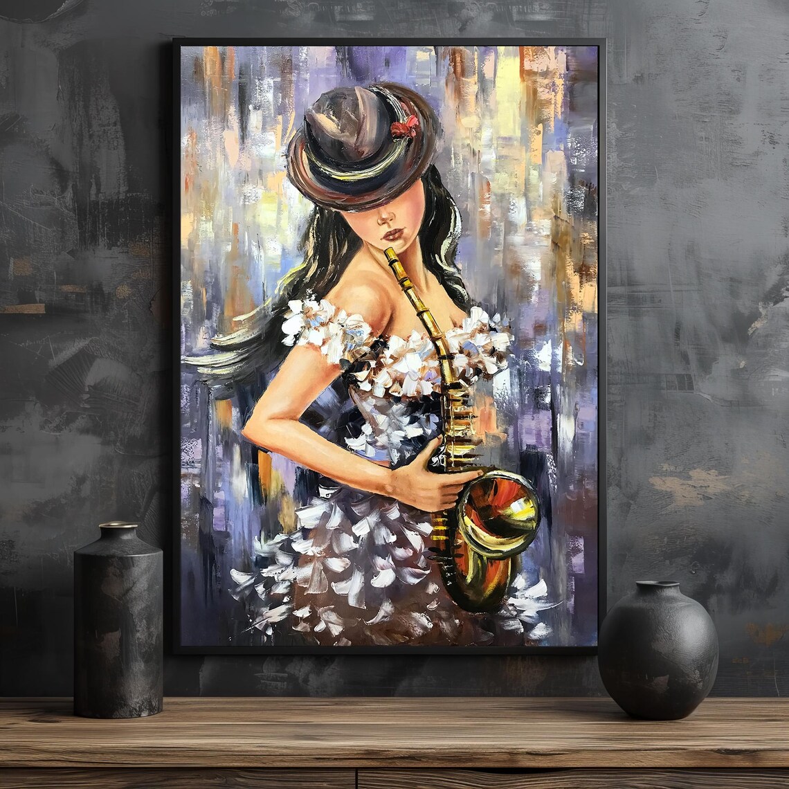 Elegant Female Saxophonist in Hat Music Painting Poster For Music Lovers - Image 2