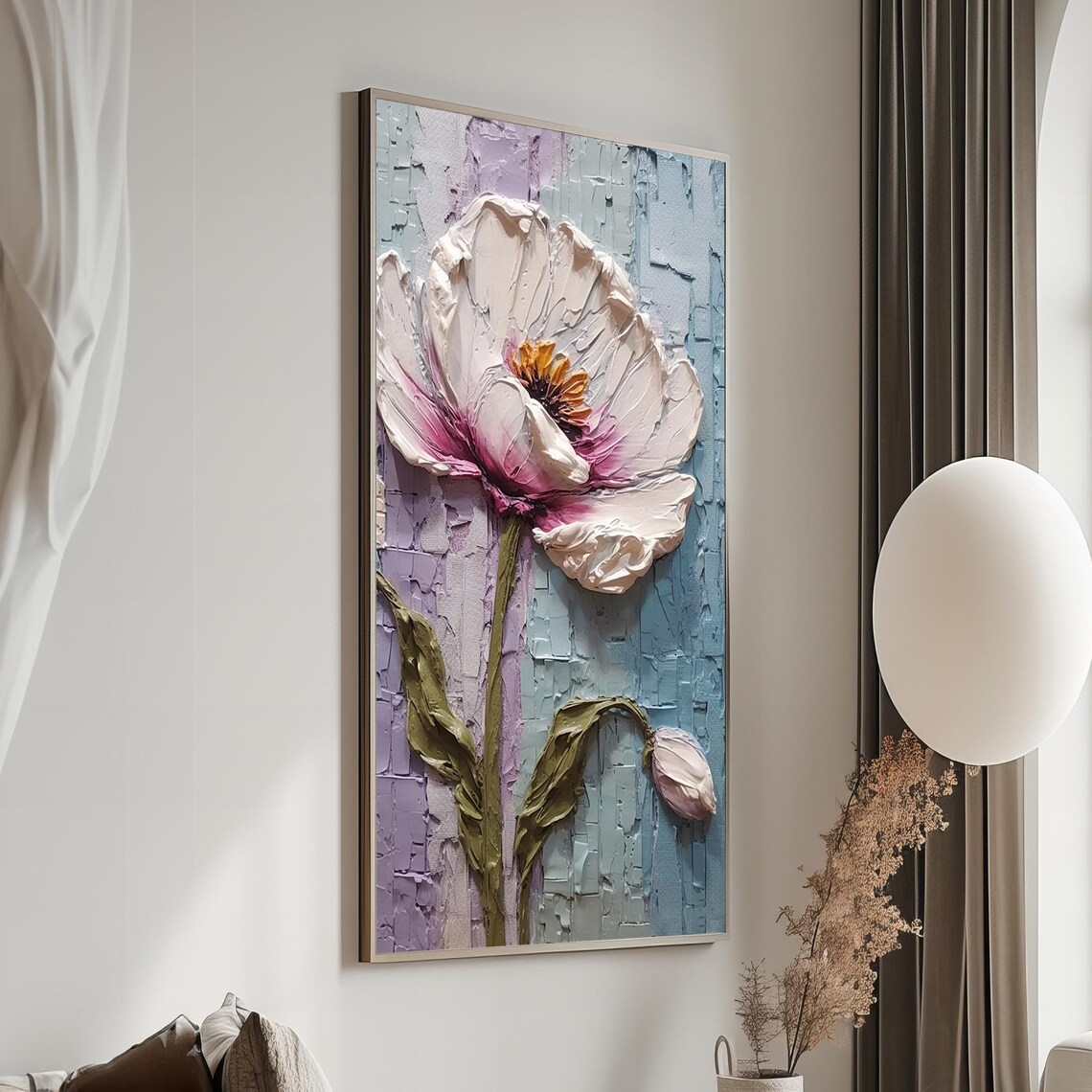Elegant White Flower Impasto Oil Painting on Pastel Blue Poster