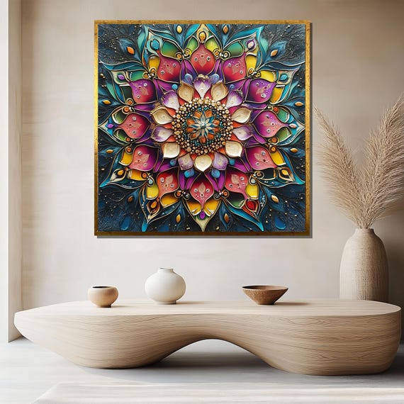 Colorful Floral Mandala Painting Boho Abstract Wall Art Vibrant Geometric Home Decor Unique Gift For Art Lovers