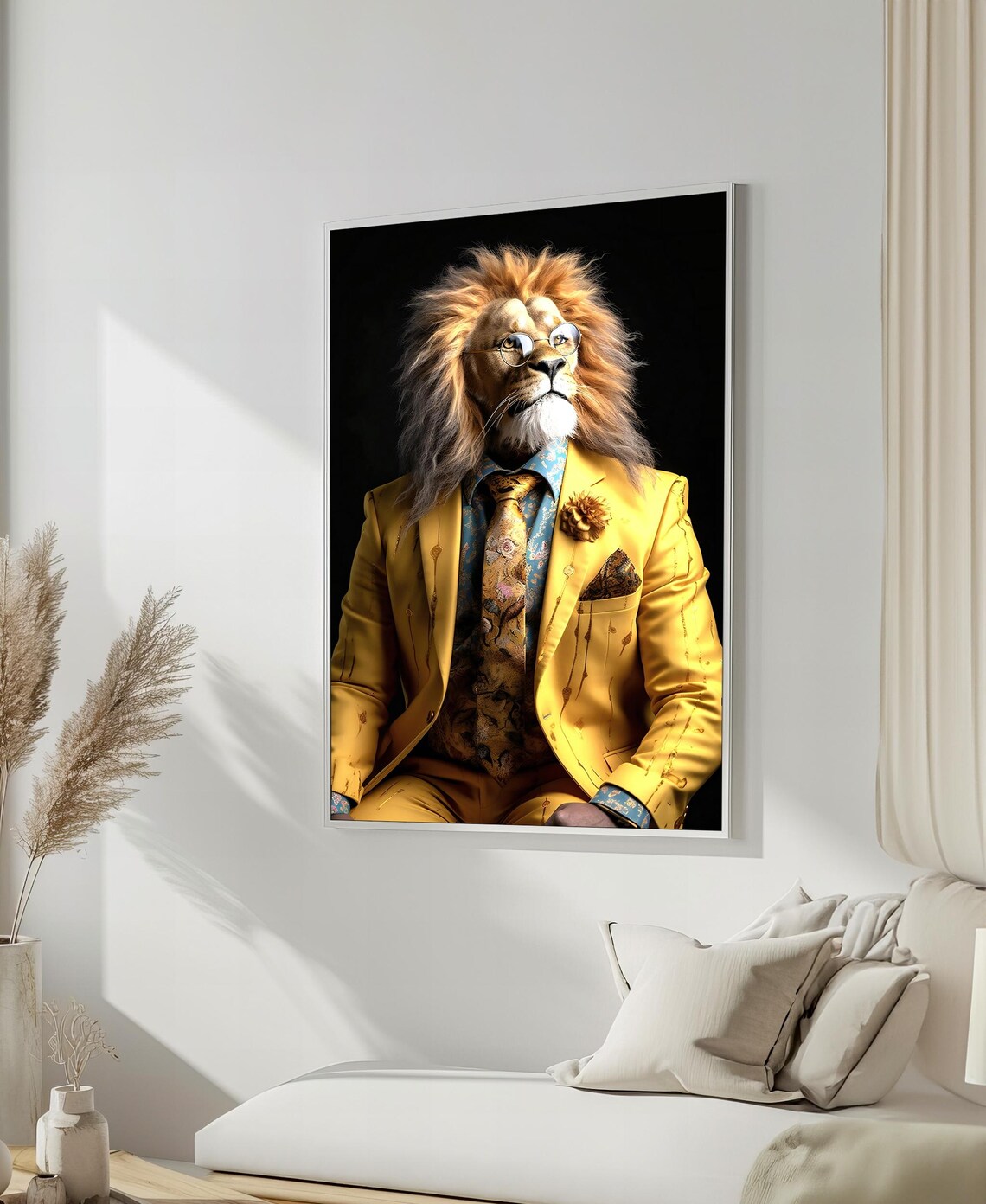 Dapper Lion in a Tailored Yellow Suit With Glasses Poster For Home Office