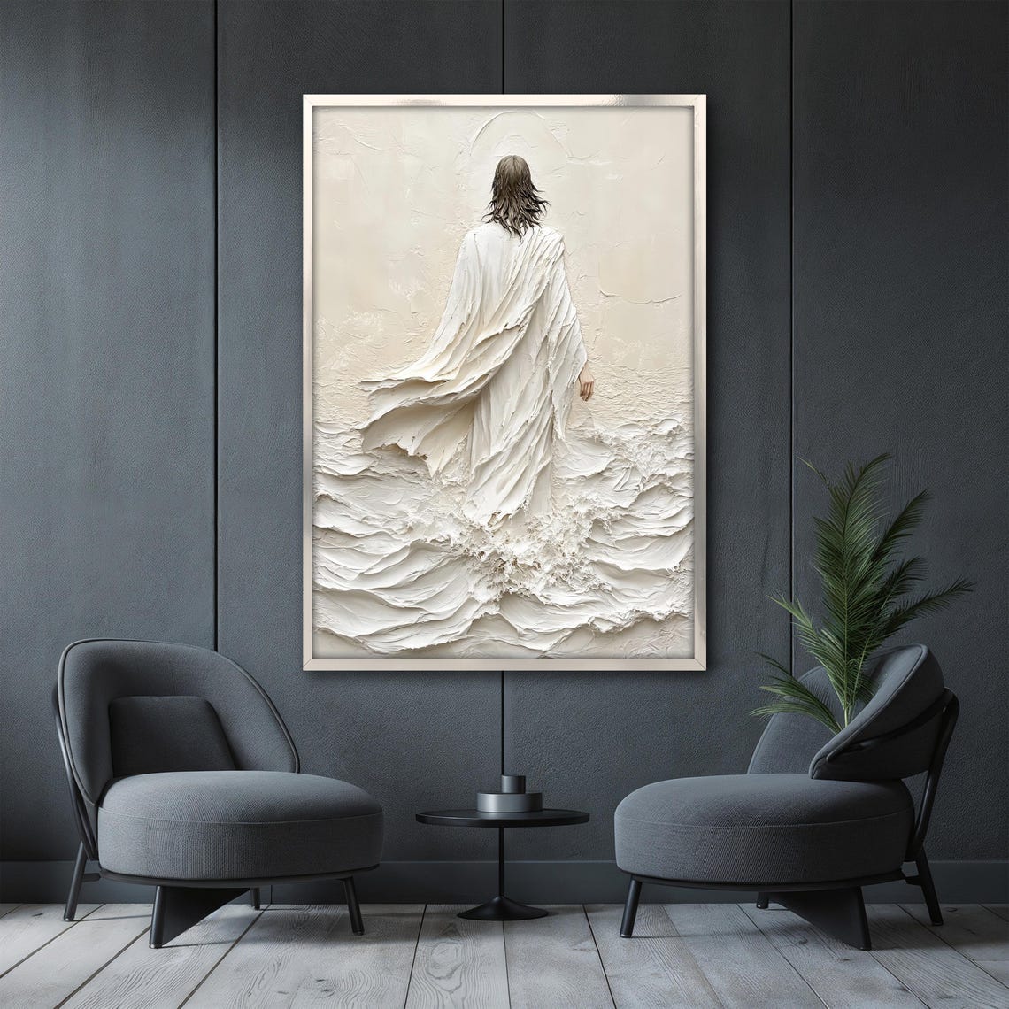 Jesus Walking on Water Amid Cream White Textured Impasto Waves Poster - Image 3