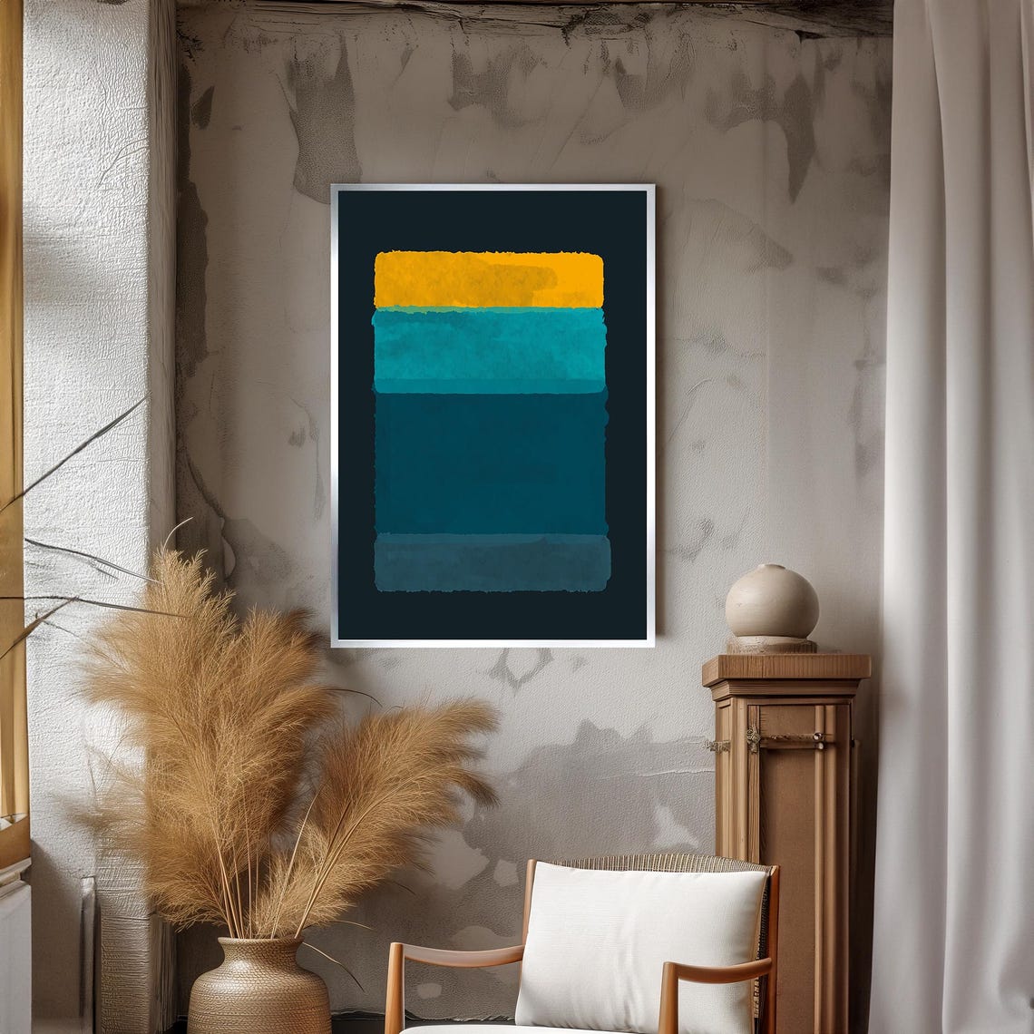 Mark Rothko Style Yellow And Teal Blocks On Black Art Poster - Image 3