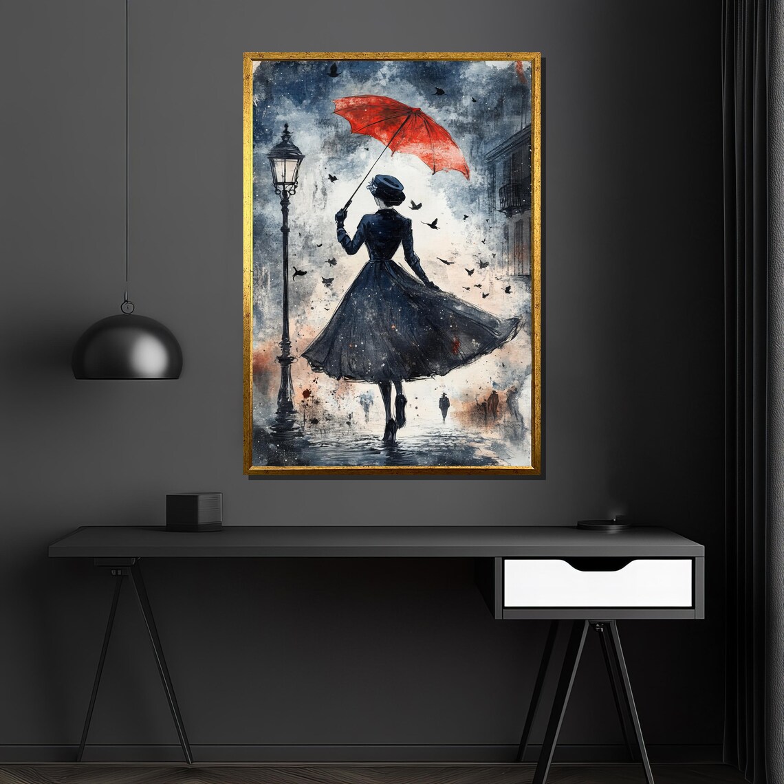 Red Umbrella Lady In The Rain Vintage Romantic Street Scene Poster - Image 4
