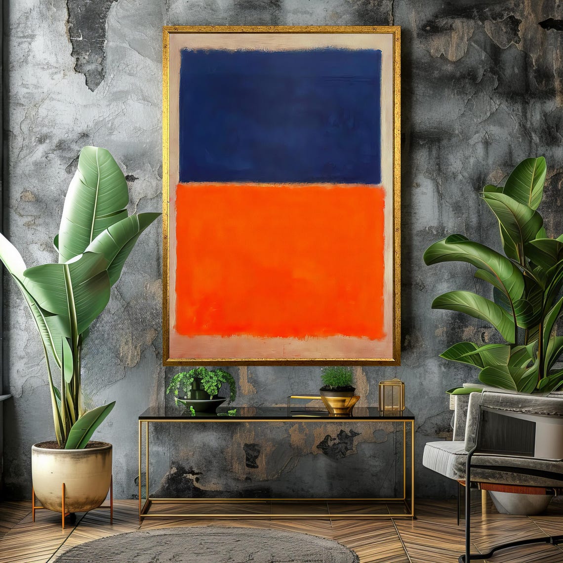 Bold Blue Vibrant Orange Abstract Color-Field Modern Art Poster - Image 4