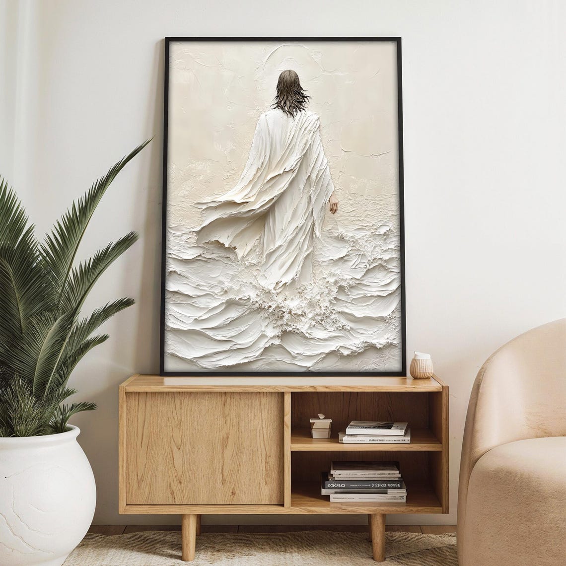 Jesus Walking on Water Amid Cream White Textured Impasto Waves Poster