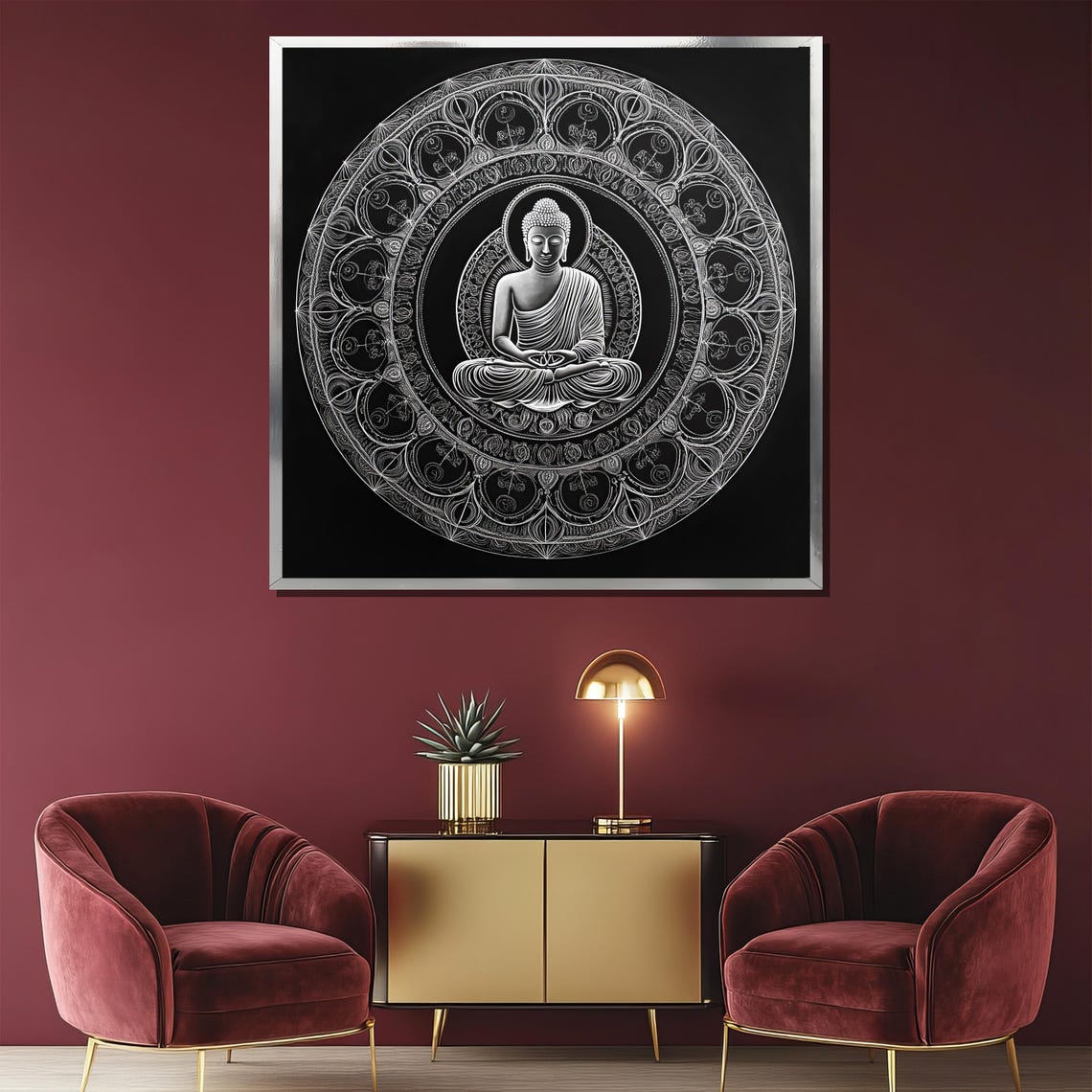 Buddha In Mandala White On Black Spiritual Meditation Decor Poster - Image 2