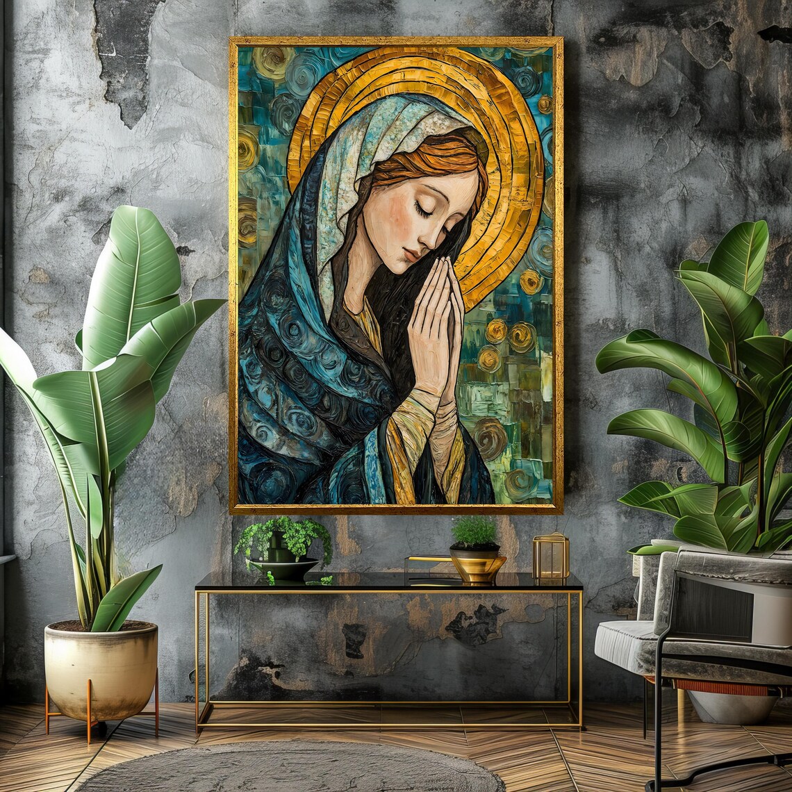 Byzantine Style Praying Virgin Mary In Blue And Gold Mosaic Colors Poster - Image 4