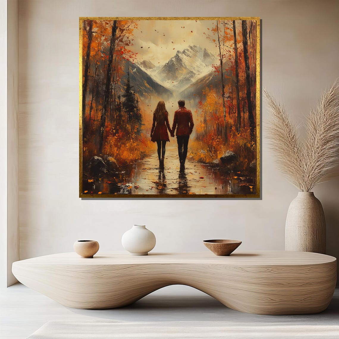 Couple Walking Autumn Forest Toward Snowy Mountains Art Poster