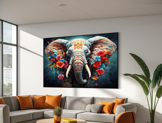 Colorful Elephant Head With Tropical Flowers Vibrant Art Poster