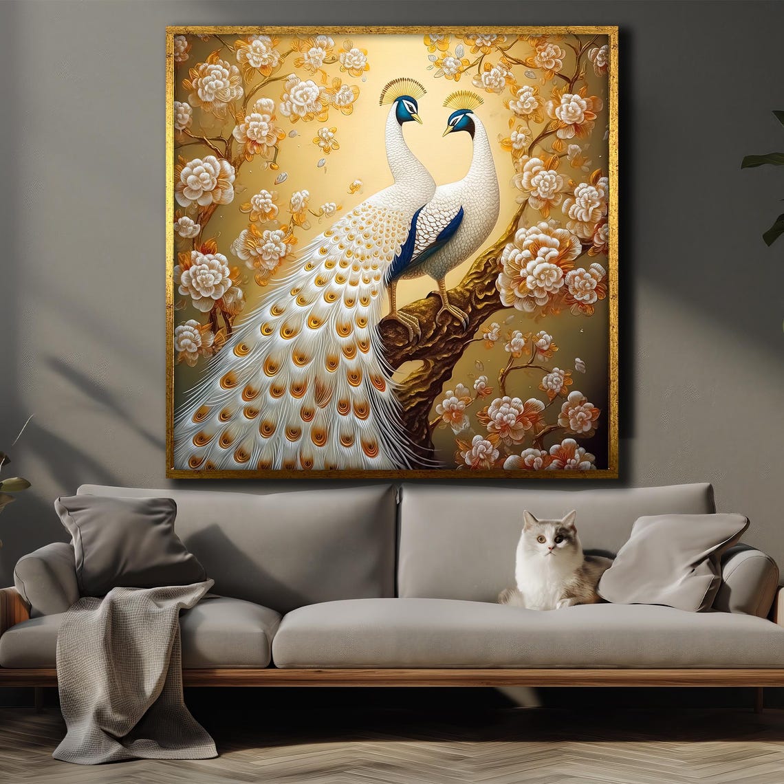 Elegant Pair of White Peacocks Golden Peony Blossom Art Poster - Image 4