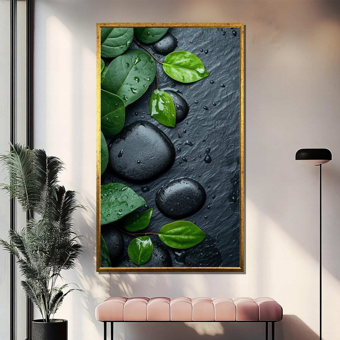 Black Spa Stones Green Leaves Water Droplets Zen Nature Poster