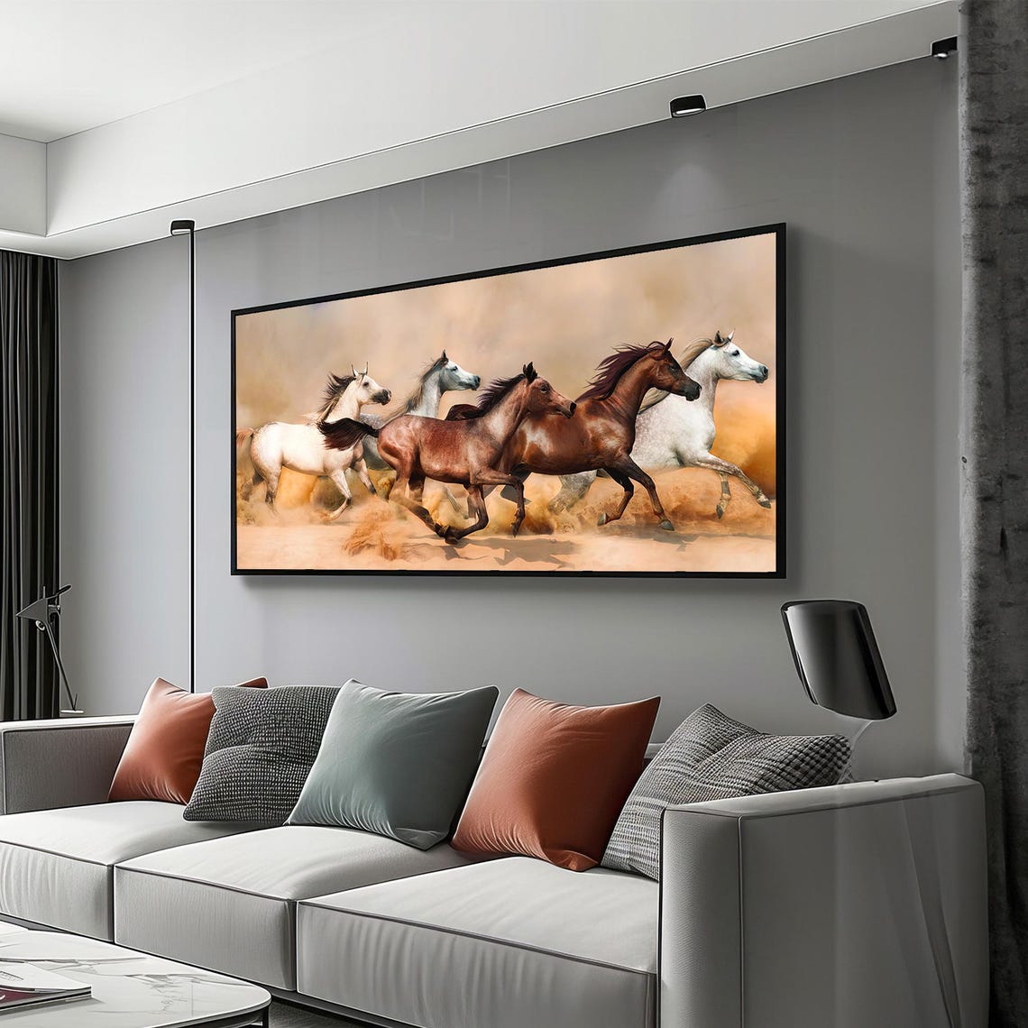 Dynamic Herd of Arabian Horses Galloping Desert Dust Art Poster