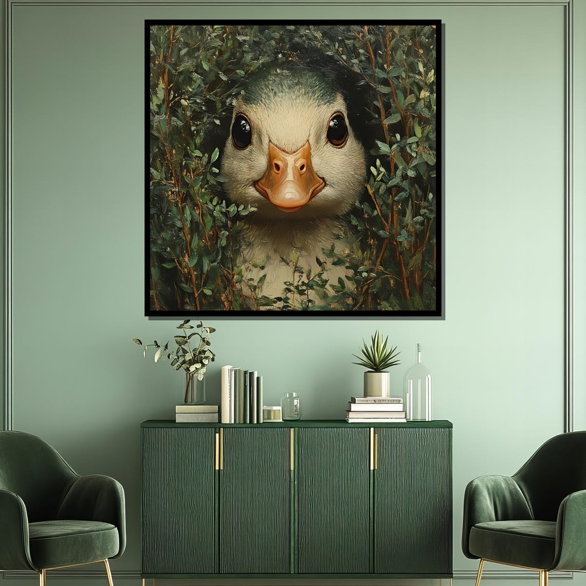 Cute Duckling Peeking Through Green Foliage Adorable Animal Poster - Image 3