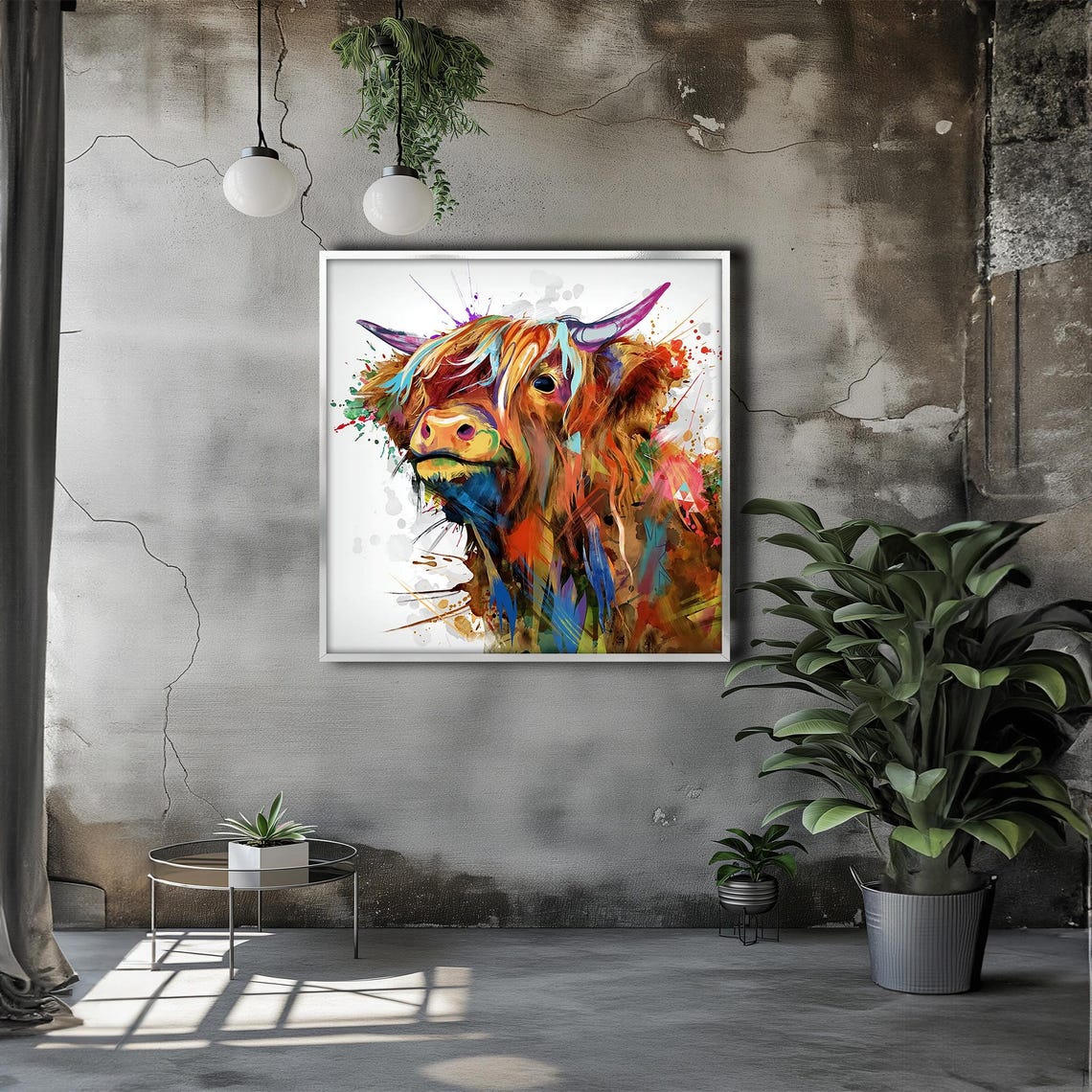 Vibrant Abstract Highland Cow Head Splash Art Painting Style Poster - Image 3