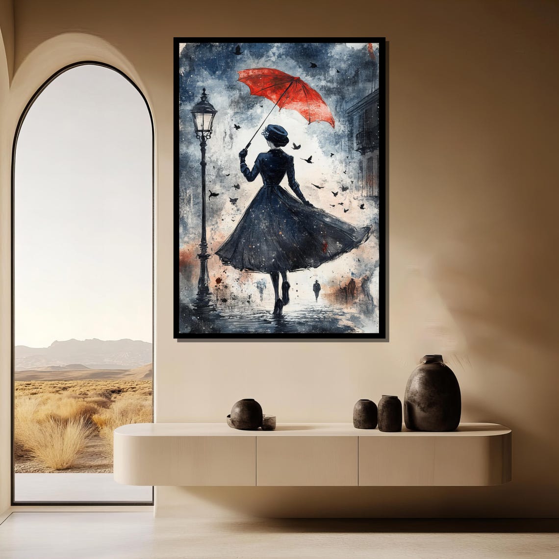 Red Umbrella Lady In The Rain Vintage Romantic Street Scene Poster - Image 3