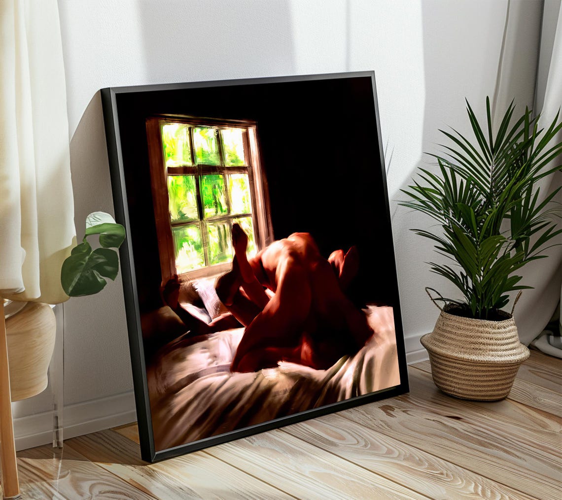 Sunlit Intimate Lovers Embrace by the Window Erotic Art Poster