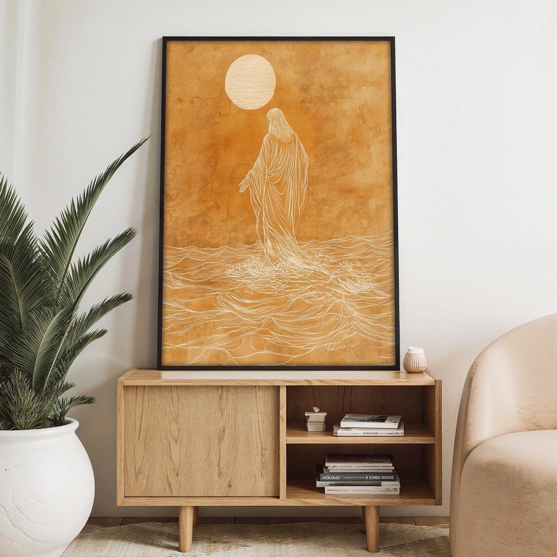 Jesus Walking on Water in Elegant Gold Minimalist Line Art Poster