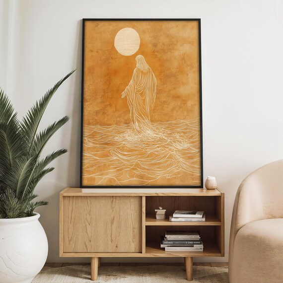 Jesus Walking on Water in Elegant Gold Minimalist Line Art Poster