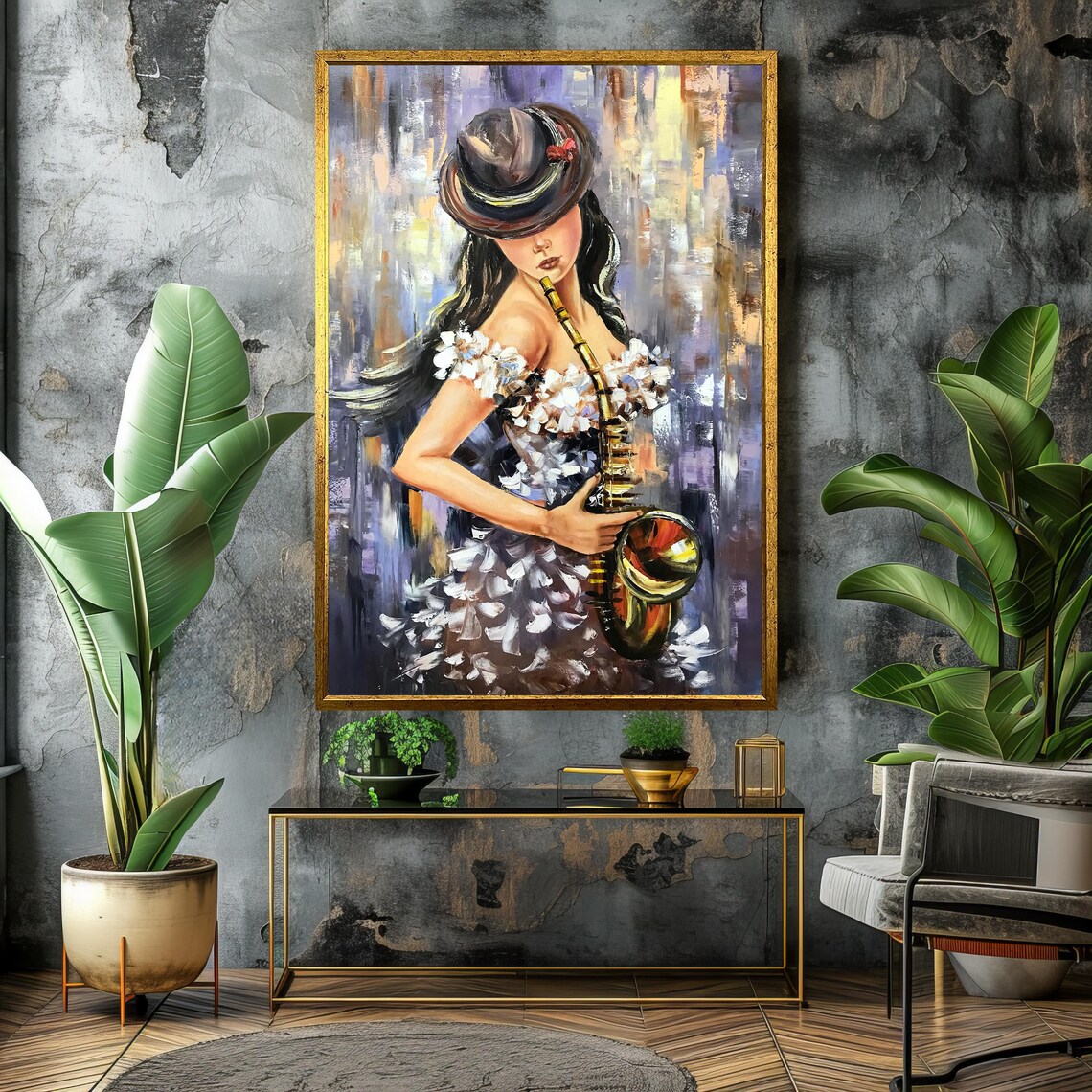 Elegant Female Saxophonist in Hat Music Painting Poster For Music Lovers - Image 4