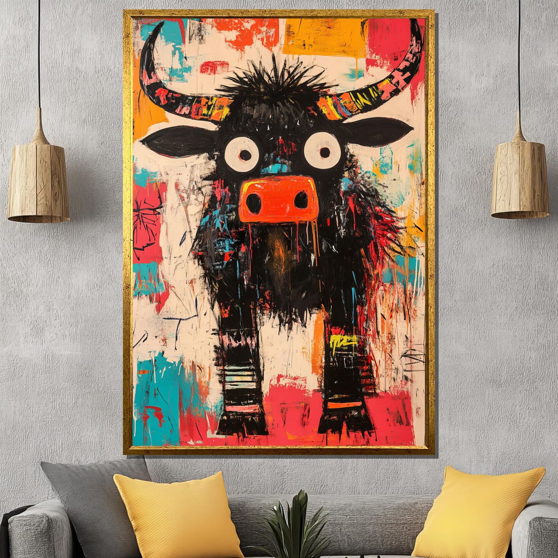 Whimsical Goofy Graffiti Bull Funny Abstract Animal Art Poster