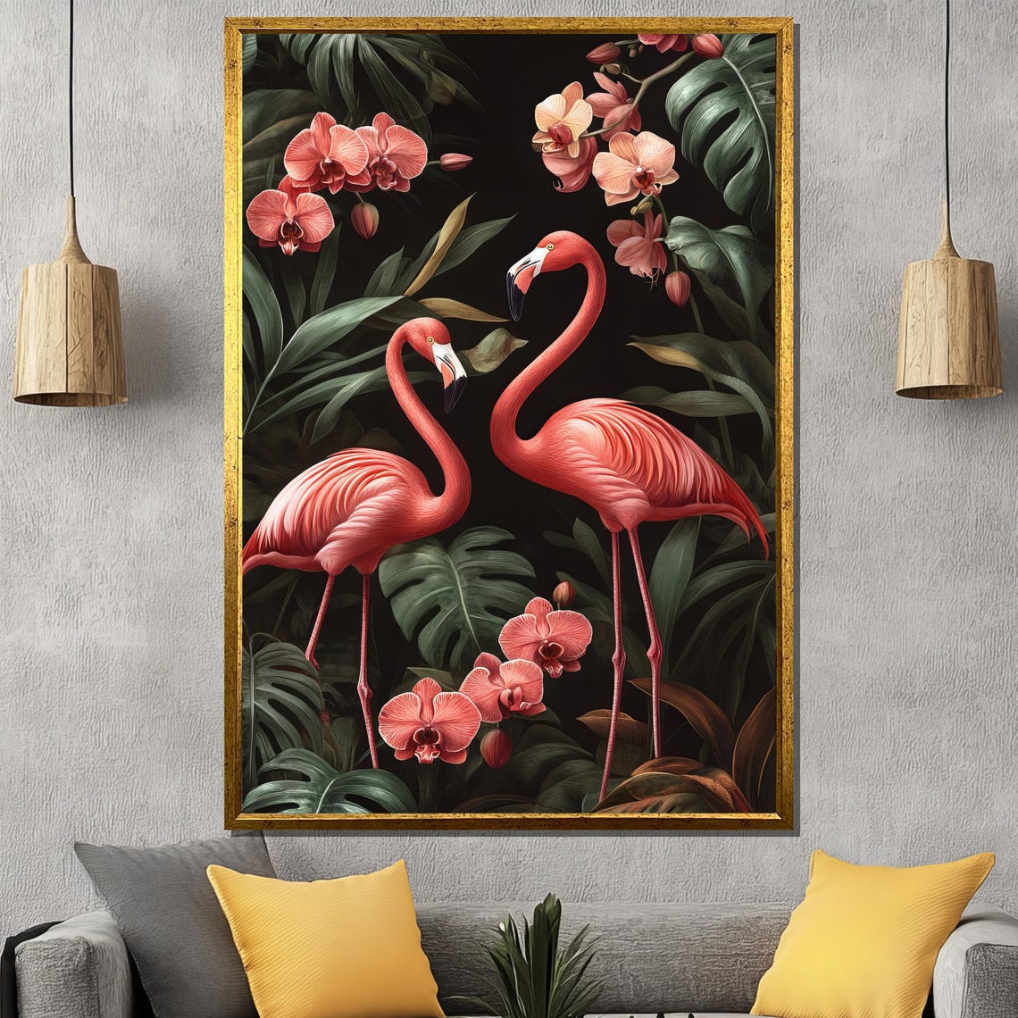 Pink Flamingos And Orchids Lush Tropical Botanical Jungle Poster