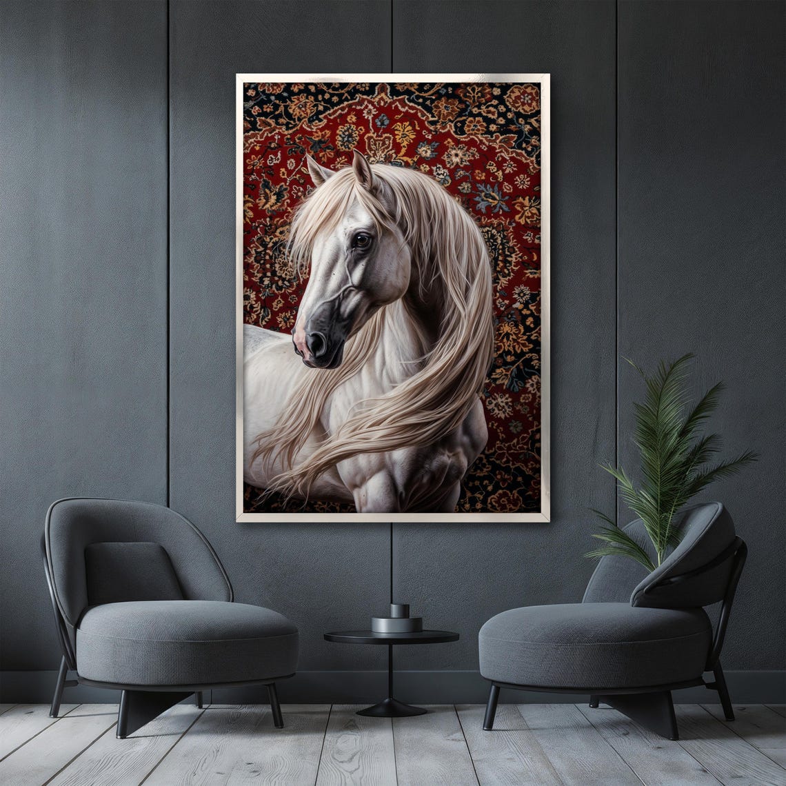 White Horse Portrait with Its Head Turned on a Red Rug Poster - Image 3