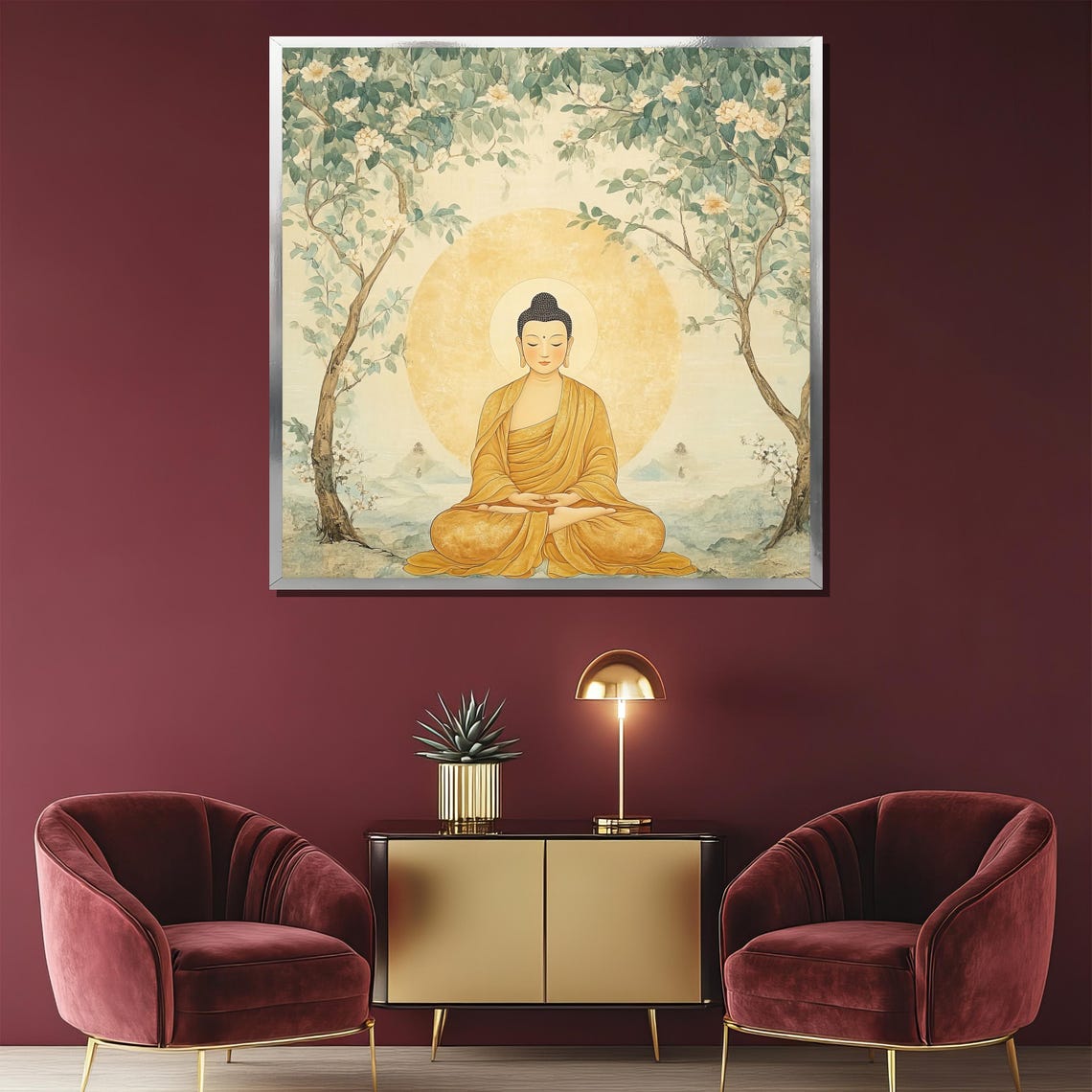 Tranquil Buddha Under Tree Painting Zen Wall Art Decor Spiritual Meditation Gift Nature Inspired Artwork Peaceful Home Decor - Image 2